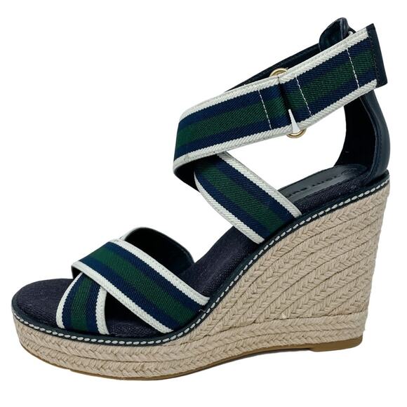 Tory Burch Frieda Green Navy White Stripe Canvas Leather Espadrilles size 9.5 - Picture 1 of 13